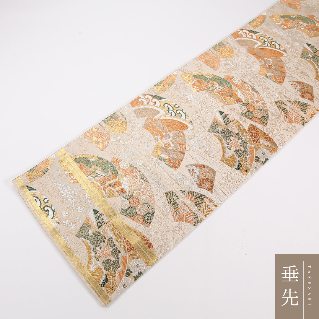 アンティーク 丸帯 帯丈392cm 正絹 全通 扇面文 クリーム系 1242-02562