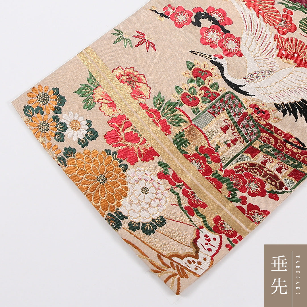 松鶴 丸帯 帯丈376cm 正絹 全通 フォーマル クリーム系 ピンク系 1243-02602