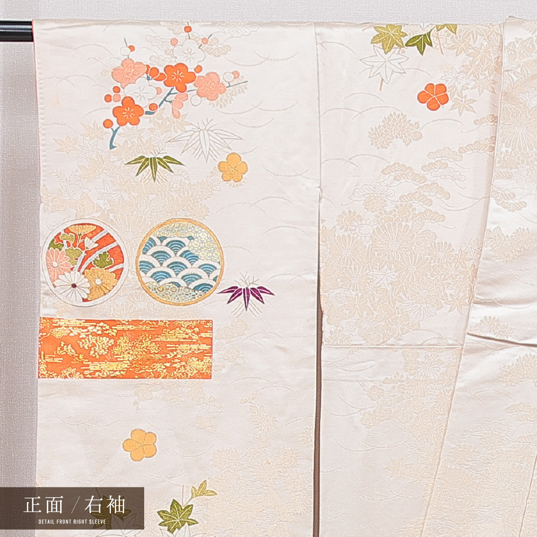 振袖 袷 身丈164cm 裄丈64cm 正絹 Cランク フォーマル 広衿 Lサイズ 青海波 菊 紅葉 クリーム系 HP 1215-07018