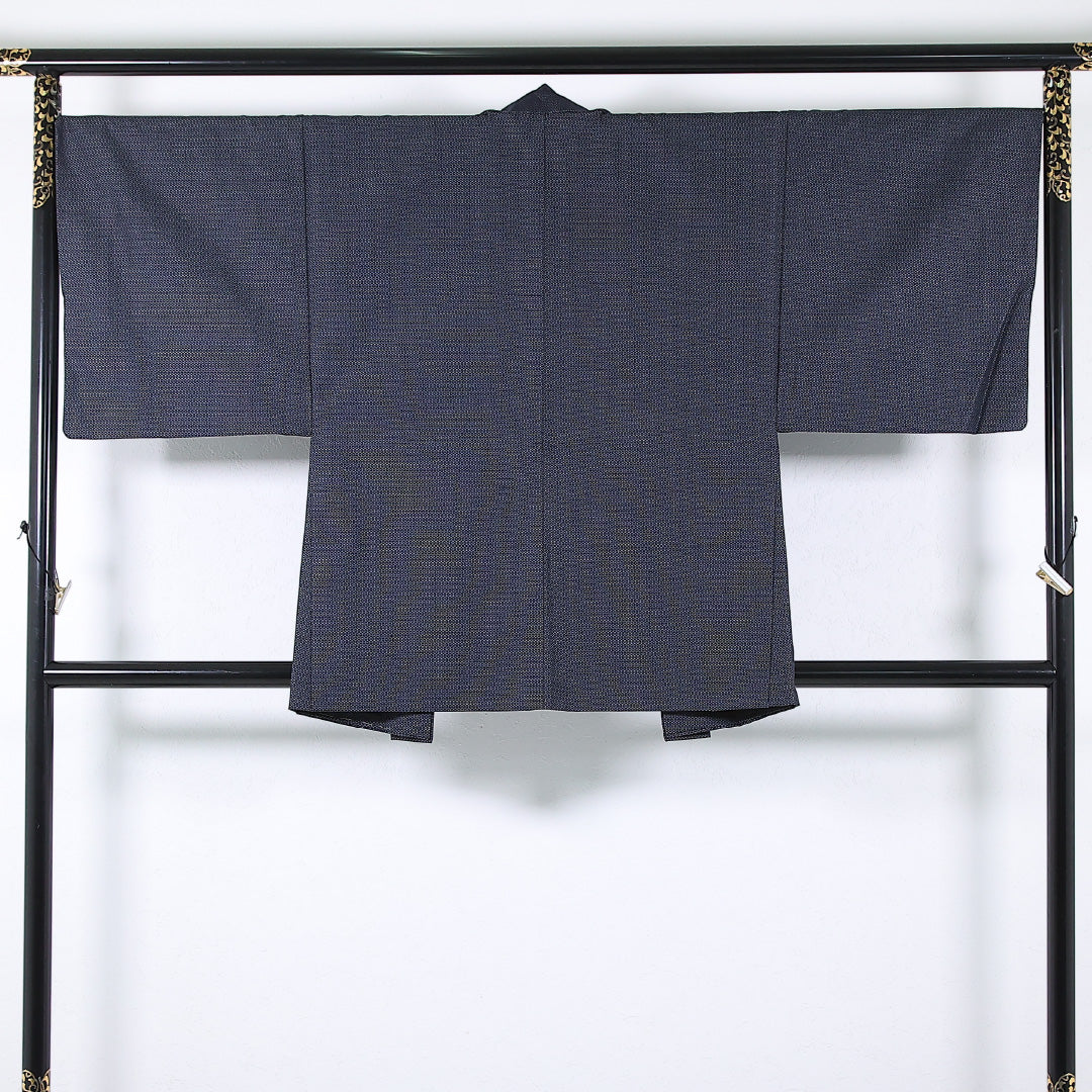 アンサンブル 男着物 (紬) 袷 身丈132cm 裄丈67cm 正絹 Bランク インフォーマル 棒衿 Lサイズ 抽象柄 紺系 RP 1224-17362