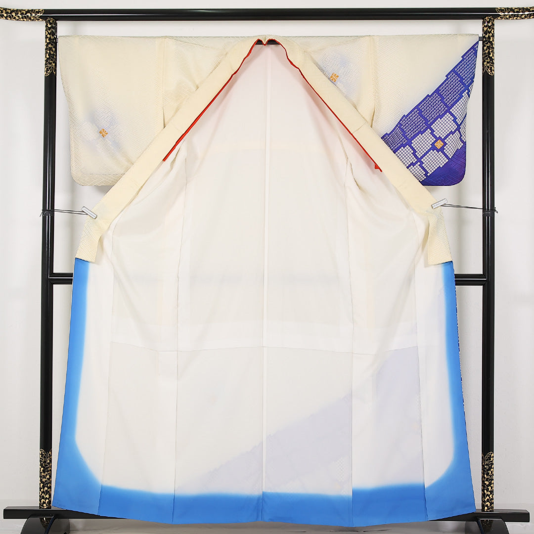 洗える着物 付下げ 袷 身丈161cm 裄丈66cm ポリエステル Aランク 踊り用 バチ衿 Mサイズ 幾何学柄 クリーム系 RP 1218-17435