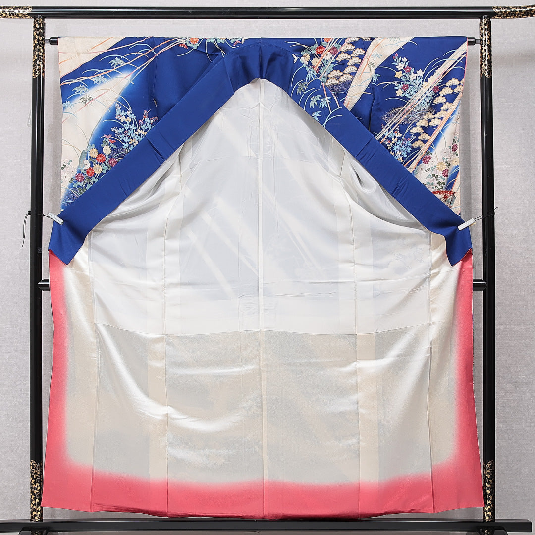 振袖 袷 身丈158cm 裄丈63cm 正絹 Aランク フォーマル 広衿 Mサイズ 金駒刺繍 扇面文 鶴 牡丹 青系 RP 1215-06995