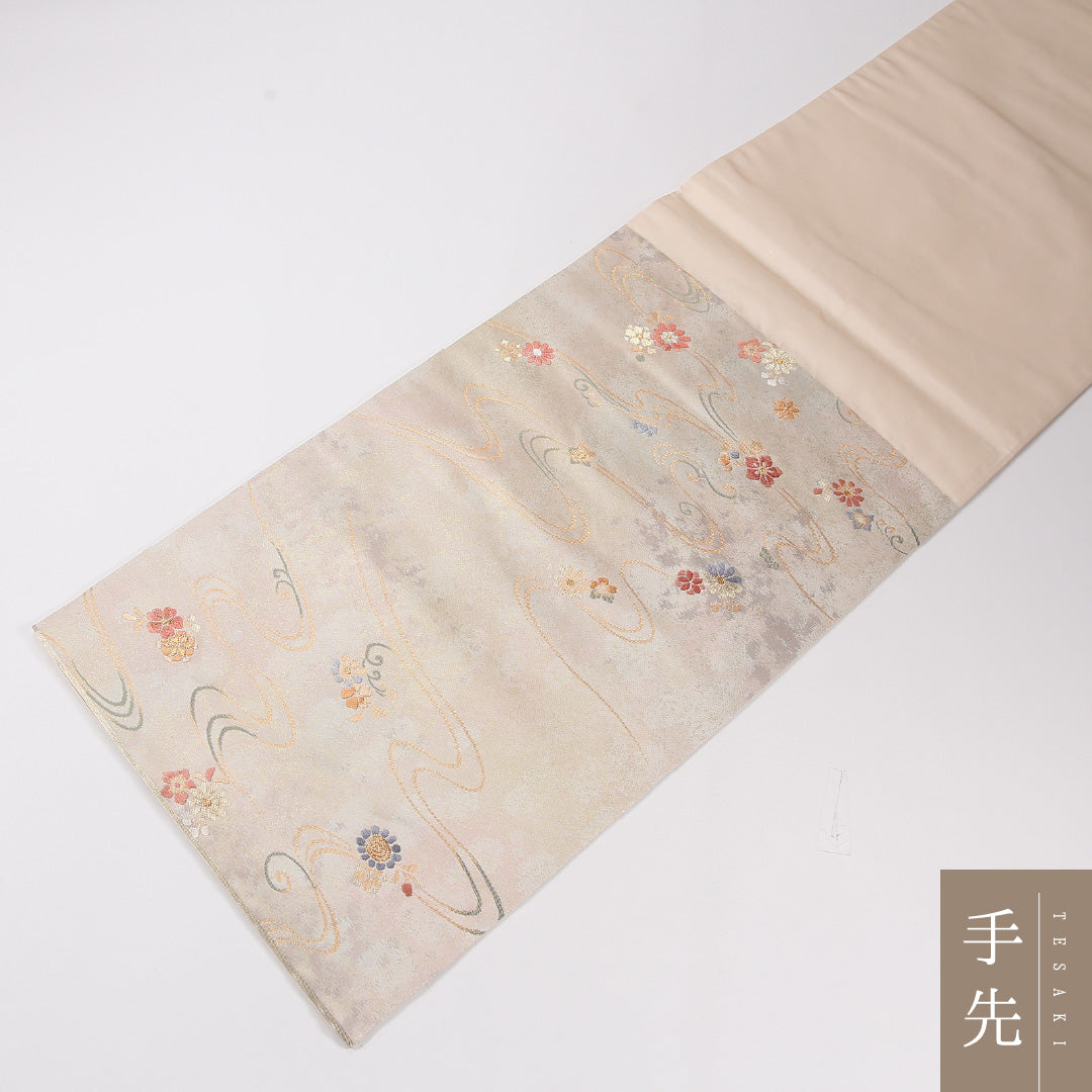 流水 袋帯 帯丈420cm 正絹 六通 セミフォーマル 菊 クリーム系 ピンク系 1243-02630