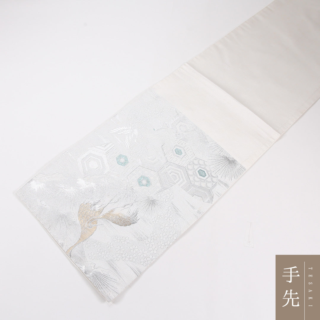 ミ*♡様 正絹 袋帯 ホワイト系 リサイクル・中古袋帯】 鶴 帯丈402cm 正絹 六通 フォーマル 亀甲 白系