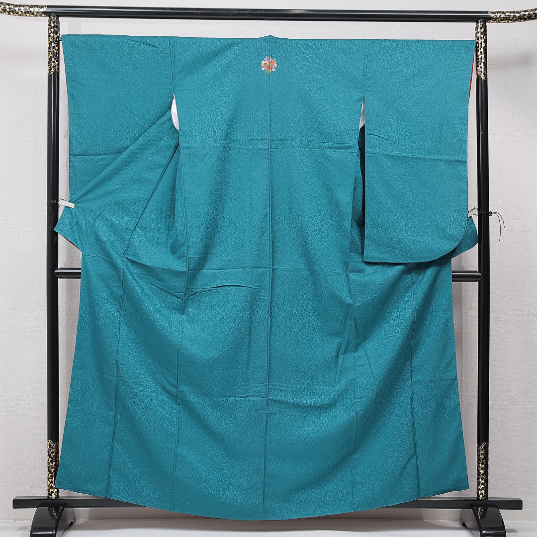洗える着物 小振袖 袷 身丈160cm 裄丈65cm ポリエステル Sランク 紋意匠 (紗綾形) セミフォーマル 広衿 Lサイズ 刺繍 牡丹 菊 青系 RP 1216-07058