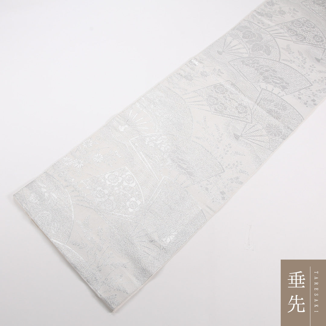 袋帯 帯丈428cm ポリエステル 全通 セミフォーマル 扇面文 菊 グレー系 1243-02543