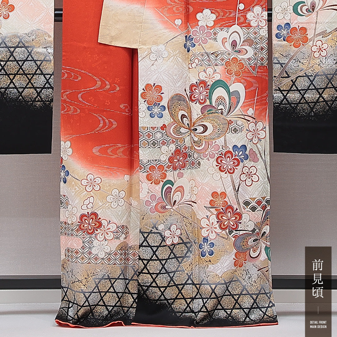 振袖 袷 身丈165cm 裄丈66cm 正絹 Sランク フォーマル 広衿 XLサイズ 蝶 亀甲 菊 朱系 RP 1215-06993