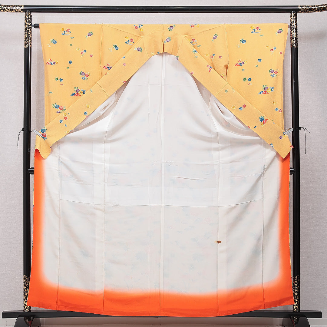 洗える着物 振袖 袷 身丈160cm 裄丈64cm ポリエステル Cランク フォーマル 広衿 Lサイズ 菊 紅葉 黄系 HP 1215-06990