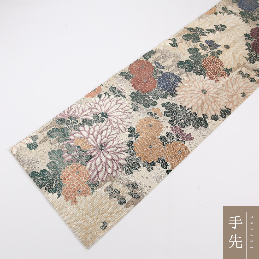 アンティーク 丸帯 帯丈396cm 正絹 全通 菊 クリーム系 1242-02560
