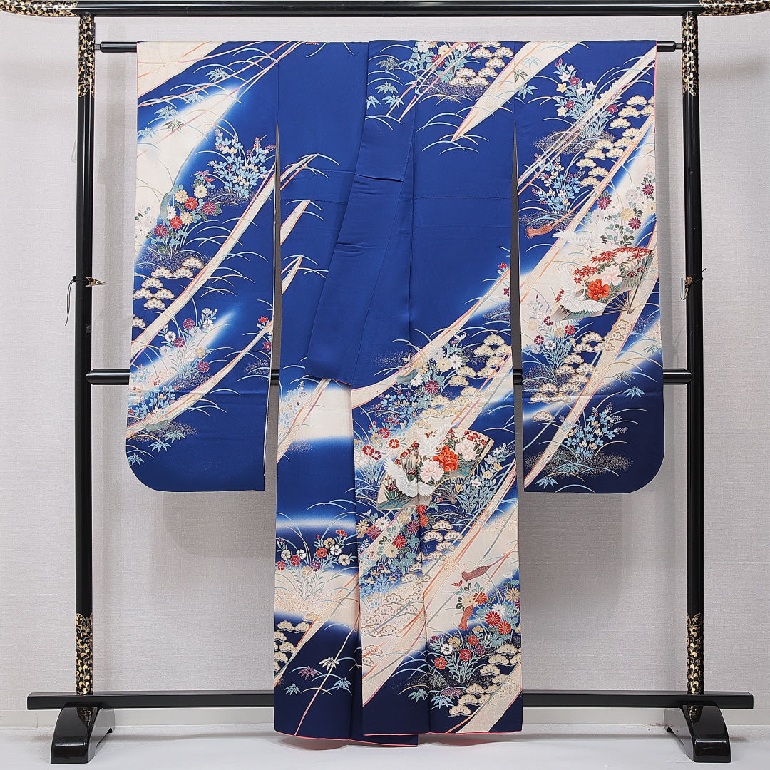 振袖 袷 身丈158cm 裄丈63cm 正絹 Aランク フォーマル 広衿 Mサイズ 金駒刺繍 扇面文 鶴 牡丹 青系 RP 1215-06995