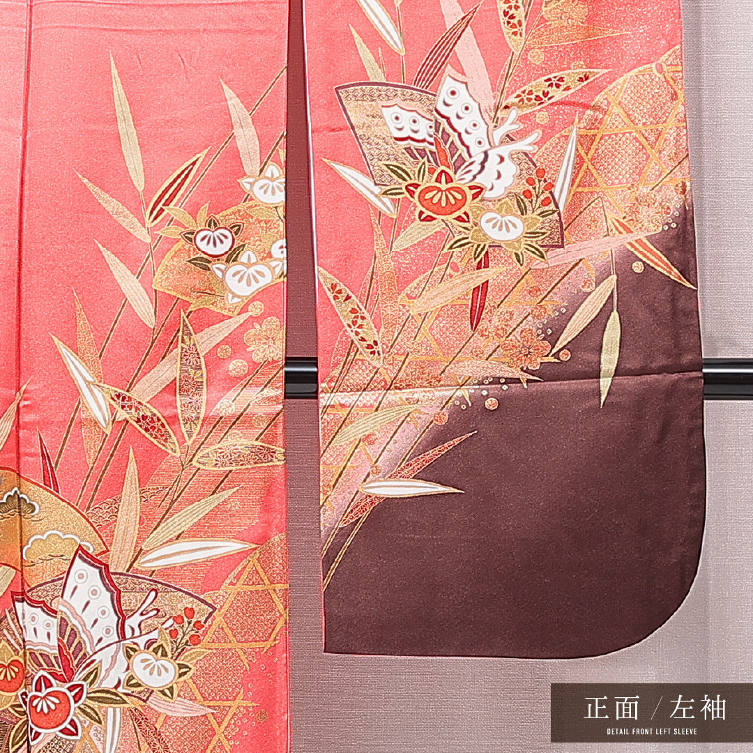 振袖 袷 身丈160cm 裄丈64cm 正絹 Sランク フォーマル 広衿 Lサイズ 蝶 光悦垣 ピンク系 RP 1215-07048