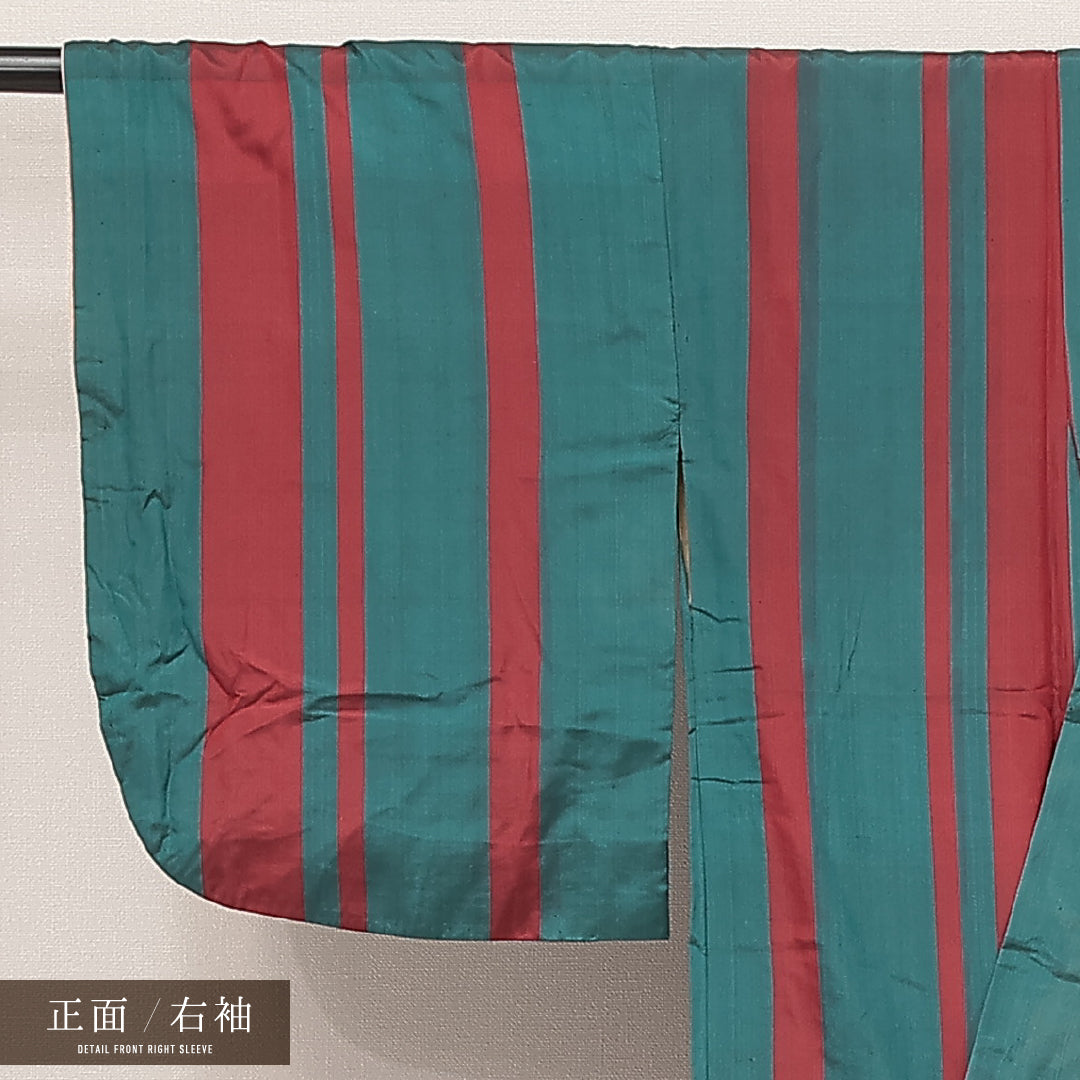 アンティーク お召 袷 身丈135cm 裄丈62cm 正絹 Cランク バチ衿 XSサイズ 縞 緑系 RP 1222-17206