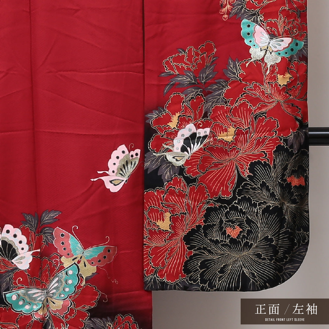 振袖 袷 身丈168cm 裄丈67cm 正絹 Aランク フォーマル 広衿 XLサイズ 蝶 藤 牡丹 赤系 RP 1215-06333