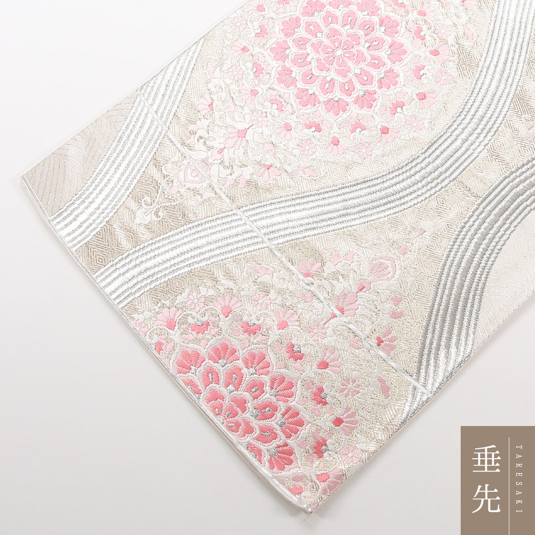 袋帯 帯丈420cm 正絹 六通 フォーマル 宝相華 クリーム系 ピンク系 1243-02535
