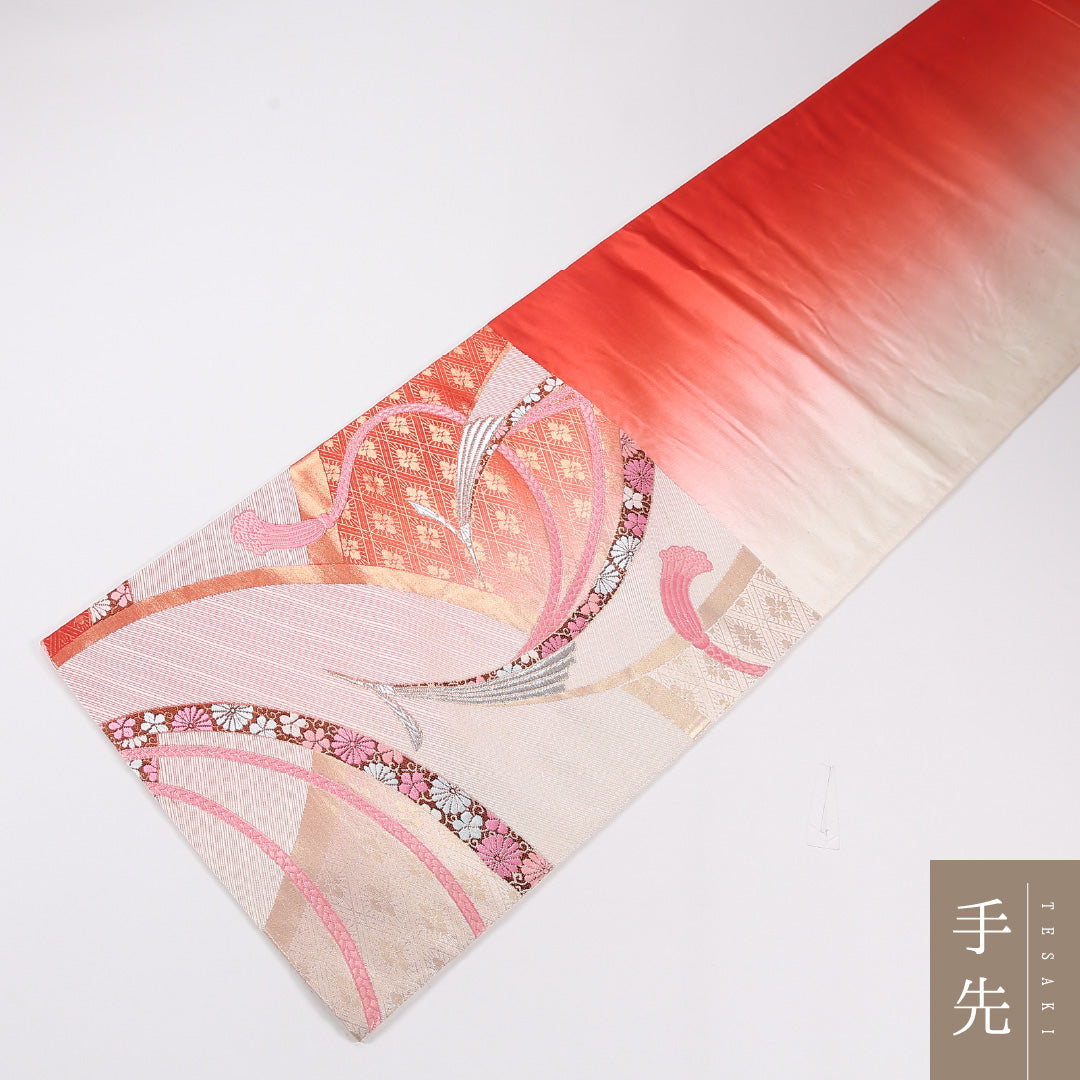 組紐 振袖用 袋帯 帯丈414cm 正絹 六通 赤系 クリーム系 1243-02617