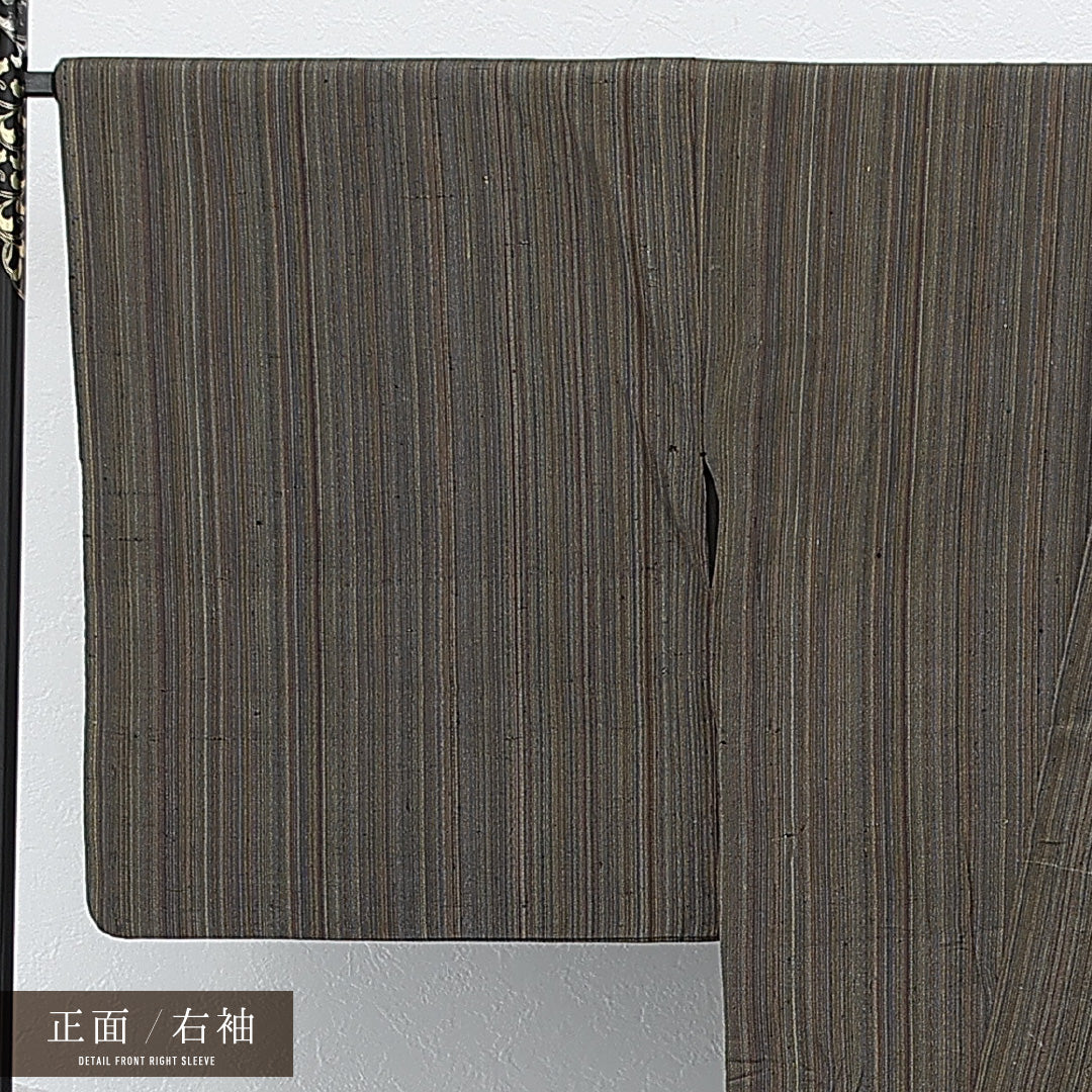 アンティーク 紬 単衣 身丈147cm 裄丈69cm 正絹 Aランク 広衿 XSサイズ 肩当て 縞 茶系 RP 1223-17270
