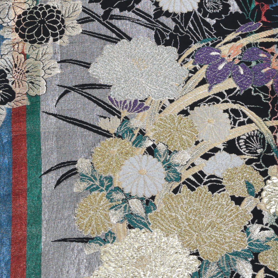振袖用 袋帯 帯丈432cm 正絹 六通 牡丹 菊 黒系 銀系 1243-00335