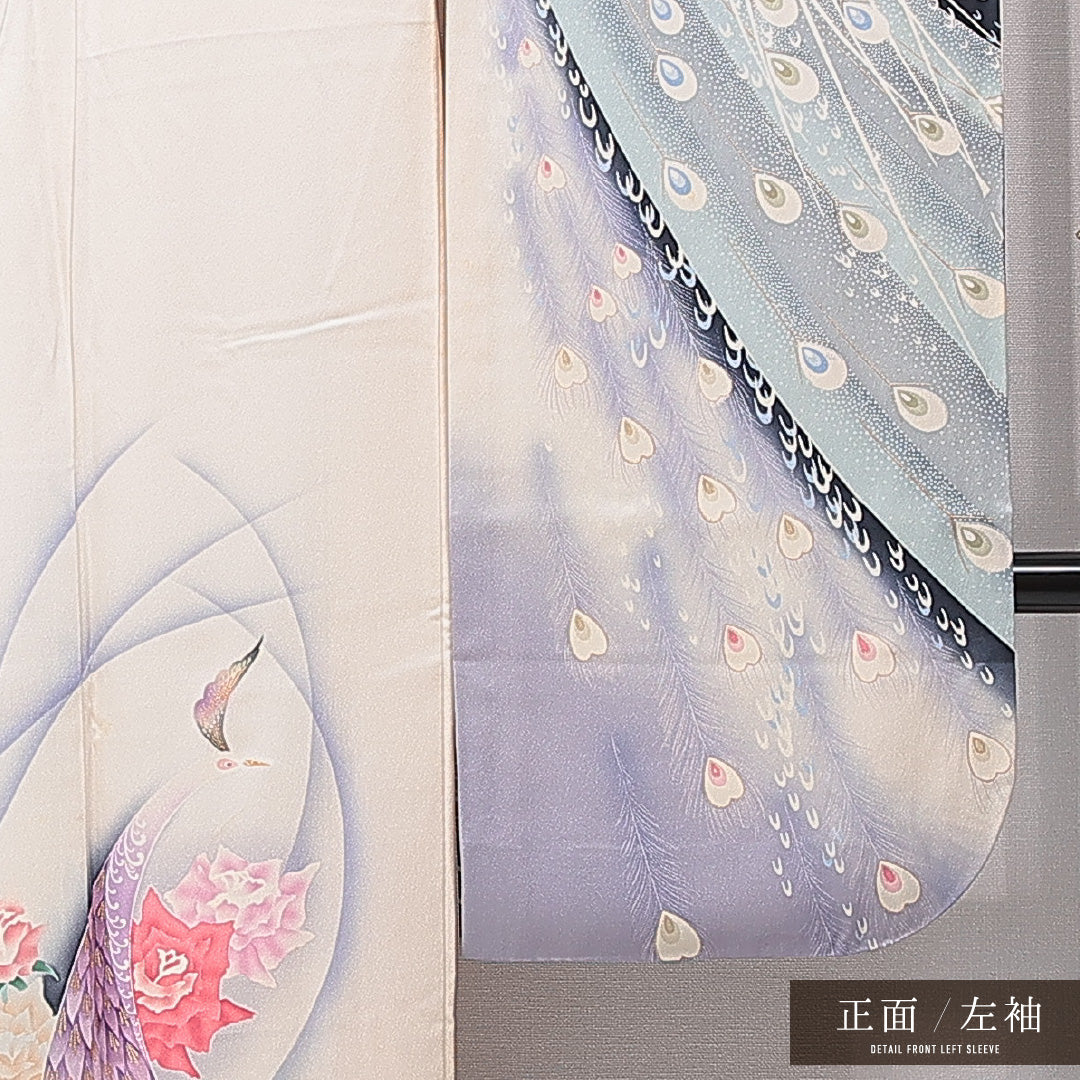 振袖 袷 身丈159cm 裄丈63cm 正絹 Sランク フォーマル 広衿 Mサイズ 孔雀 牡丹 クリーム系 RP 1215-06991