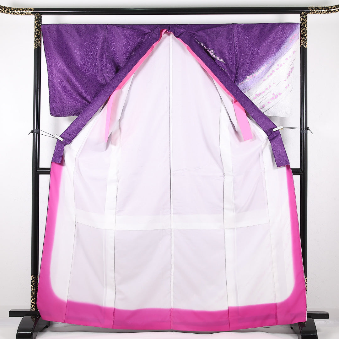 洗える着物 訪問着 袷 身丈165cm 裄丈67cm ポリエステル Aランク 踊り用 バチ衿 Sサイズ 桜 紫系 RP 1217-17381