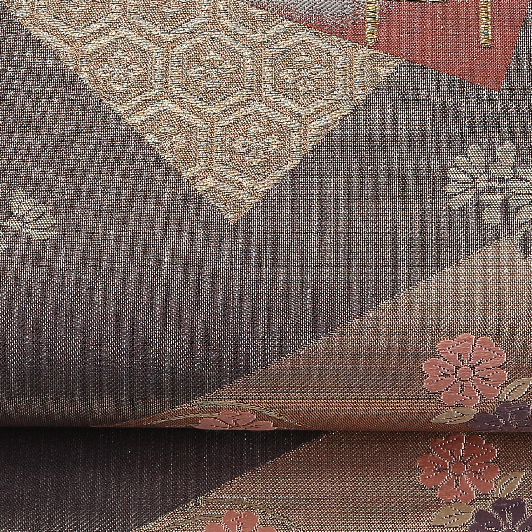 色紙 袋帯 帯丈424cm 正絹 六通 セミフォーマル 菊 グレー系 紫系 1243-02575