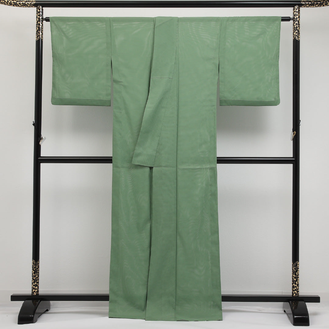 夏物 洗える着物 色無地 絽 身丈163cm 裄丈65cm ポリエステル Cランク インフォーマル 広衿 XLサイズ 無地 緑系 RP 1219-17317
