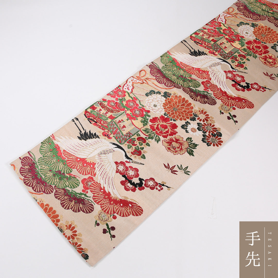 松鶴 丸帯 帯丈376cm 正絹 全通 フォーマル クリーム系 ピンク系 1243-02602