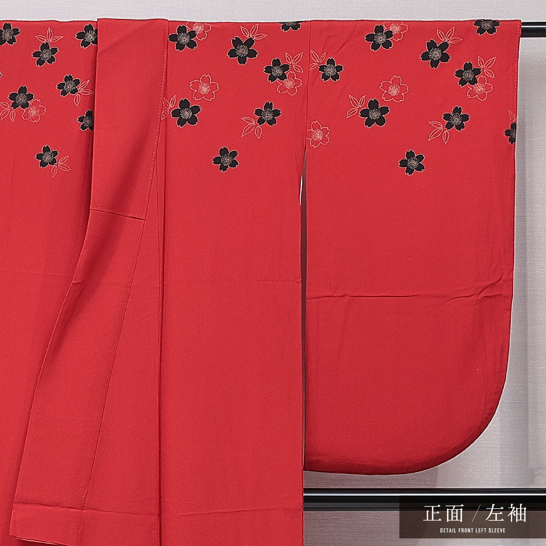 洗える着物 小振袖 袷 身丈163cm 裄丈66cm ポリエステル Sランク セミフォーマル 広衿 Lサイズ 桜 赤系 RP 1216-07067