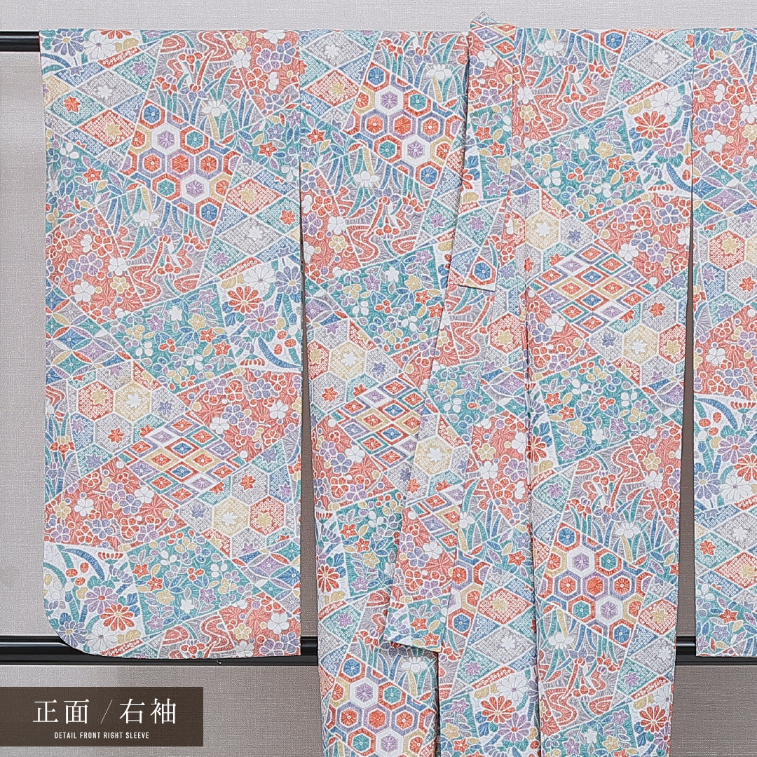 洗える着物 小振袖 袷 身丈151cm 裄丈62cm ポリエステル Sランク セミフォーマル バチ衿 Sサイズ 裂取り 多色系 RP 1216-07089