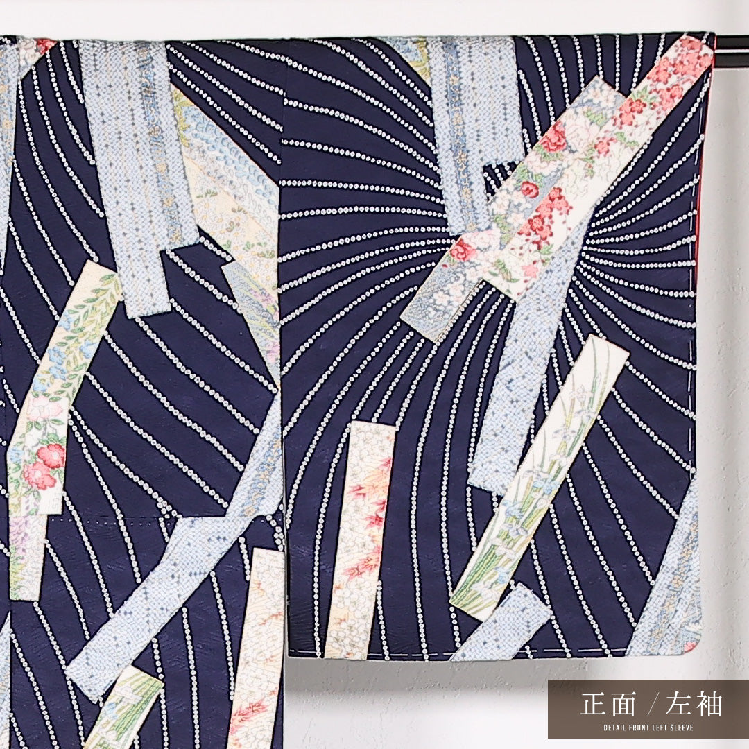 未使用品 小紋 袷 身丈159cm 裄丈63cm 正絹 Sランク インフォーマル 広衿 XLサイズ 金彩 しつけ糸 色紙重ね 紺系 RP 1221-17503