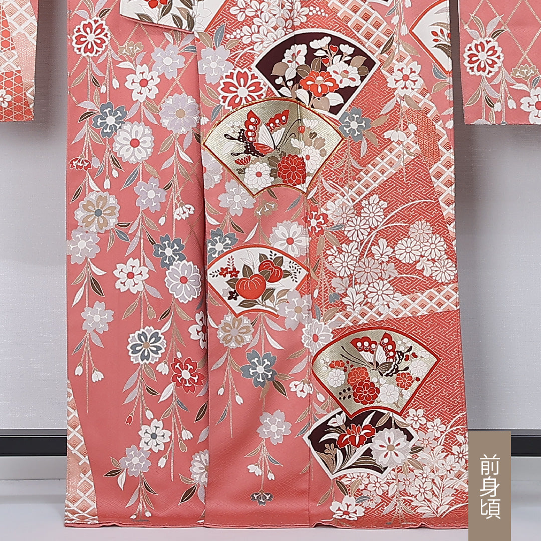 振袖 袷 身丈166cm 裄丈65cm 正絹 Aランク フォーマル 広衿 XLサイズ 蝶 椿 吉祥文様 ピンク系 RP 1215-06757