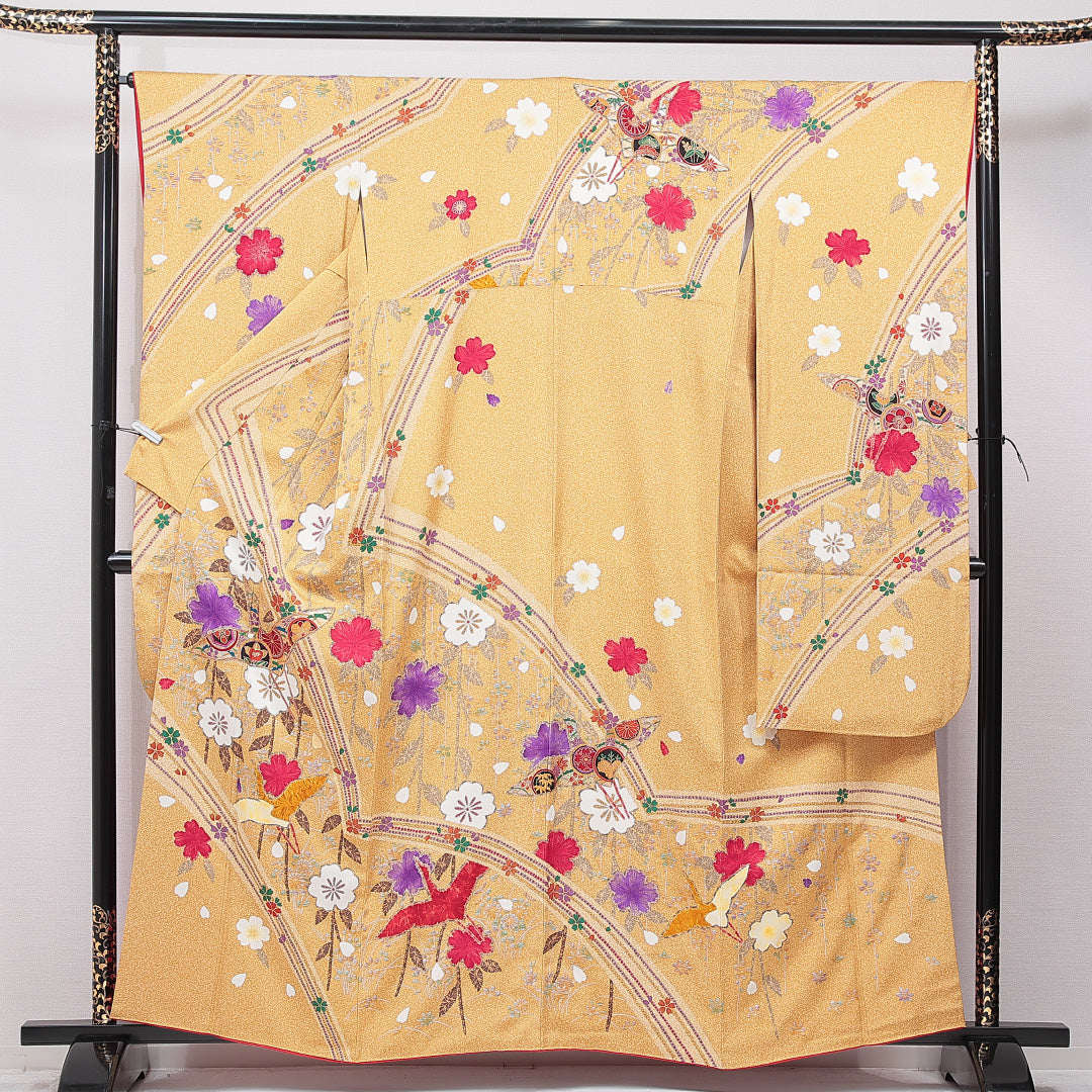 振袖 袷 身丈160cm 裄丈66cm 正絹 Sランク フォーマル 広衿 Lサイズ 鶴 花柄 黄系 RP 1215-07047