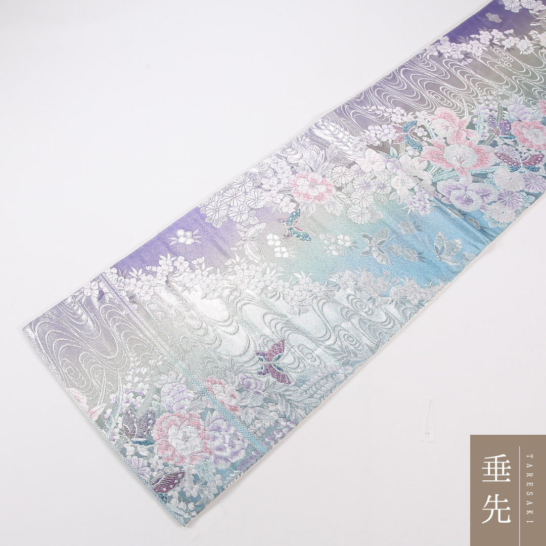 蝶 振袖用 袋帯 帯丈420cm 正絹 六通 観世水 銀系 1243-02588