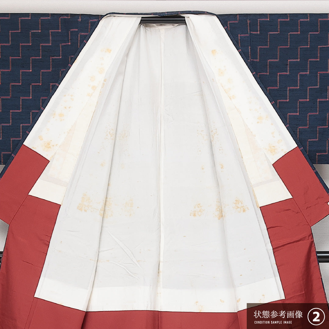 真綿紬 袷 身丈153cm 裄丈62cm 正絹 Aランク カジュアル 広衿 Sサイズ 幾何学柄 紺系 HP 1223-13965