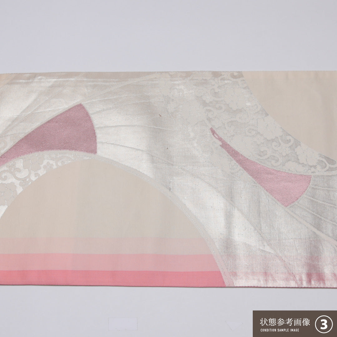 振袖用 袋帯 帯丈456cm 正絹 全通 扇 唐華 銀系 ピンク系 1243-01290