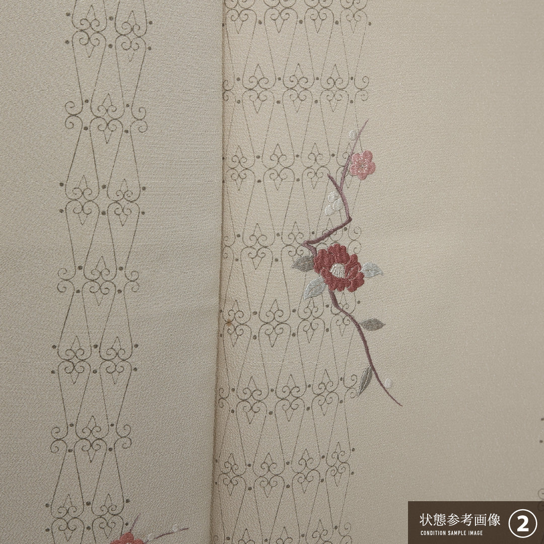 洗える着物 付下げ 袷 身丈168cm 裄丈65cm ポリエステル Aランク 一つ紋 (梅鉢) セミフォーマル 広衿 XLサイズ 刺繍 花柄 クリーム系 RP 1218-12395