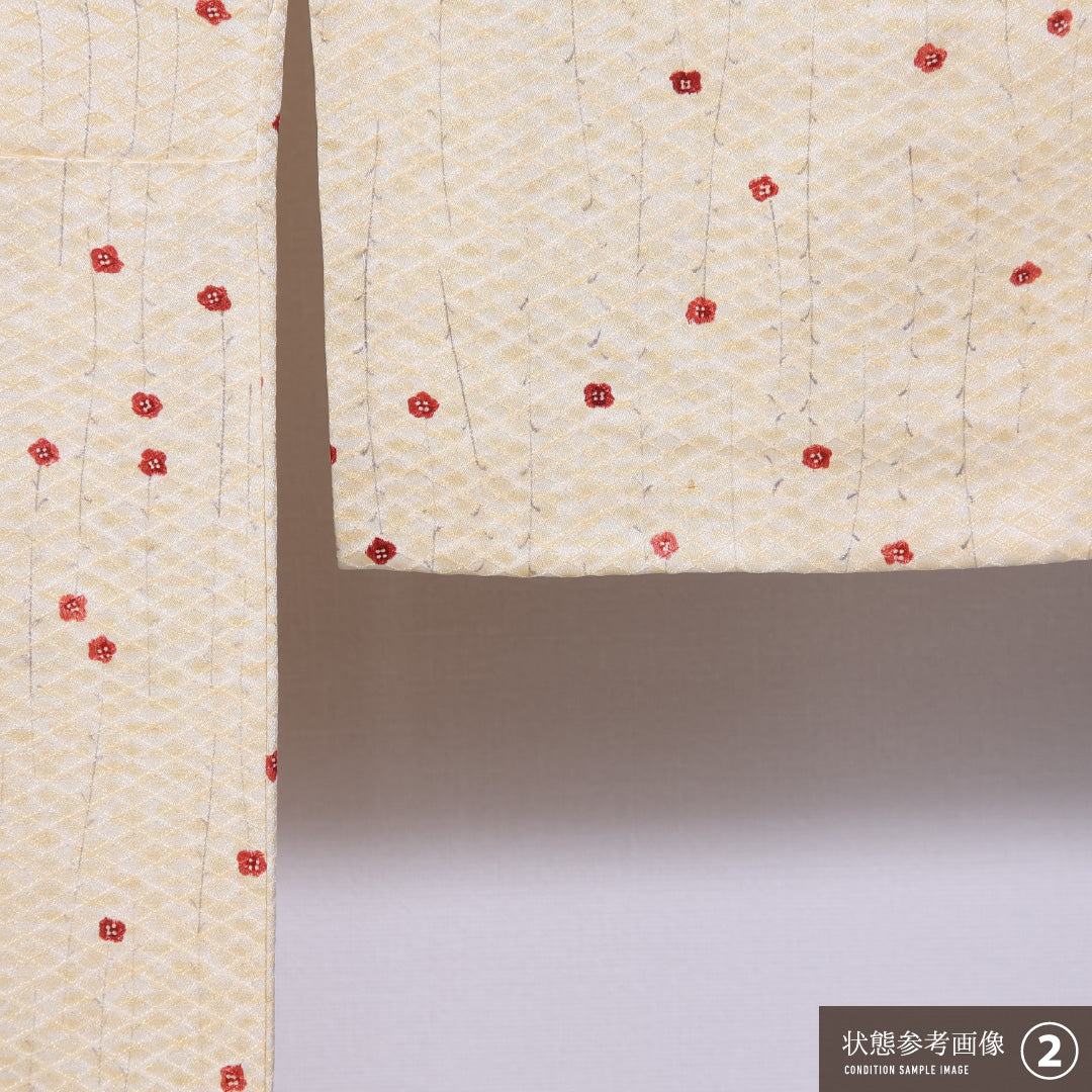 小紋 袷 身丈155cm 裄丈62cm 正絹 Aランク インフォーマル 広衿 Mサイズ 花柄 クリーム系 HP 1221-11833