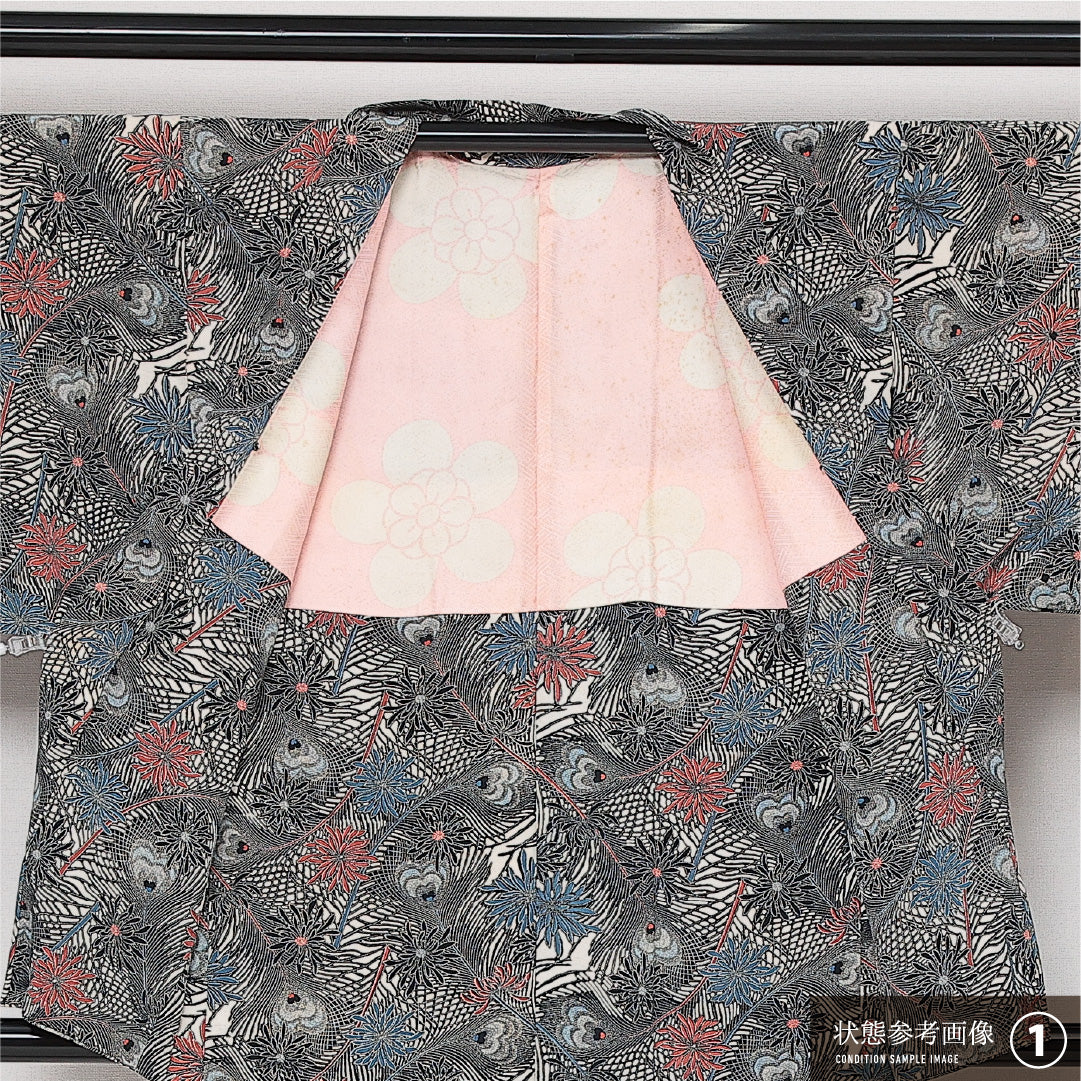 羽織 袷 身丈84cm 裄丈64cm 正絹 Aランク カジュアル Mサイズ 菊 孔雀の羽 グレー系 HP 1232-13882