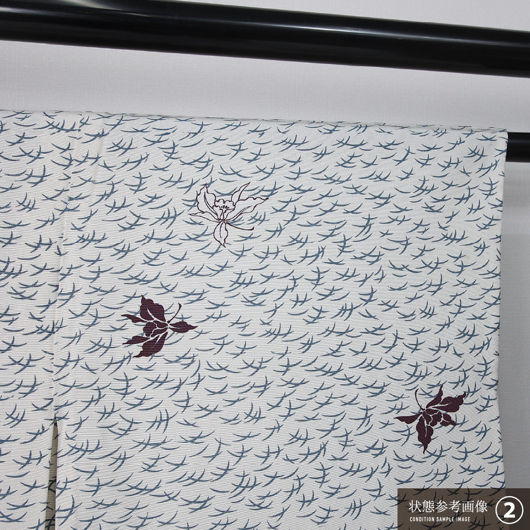 小紋 単衣 身丈154cm 裄丈62cm 正絹 Aランク インフォーマル 広衿 Sサイズ 芝草 植物柄 百合 白系 RP 1221-12348