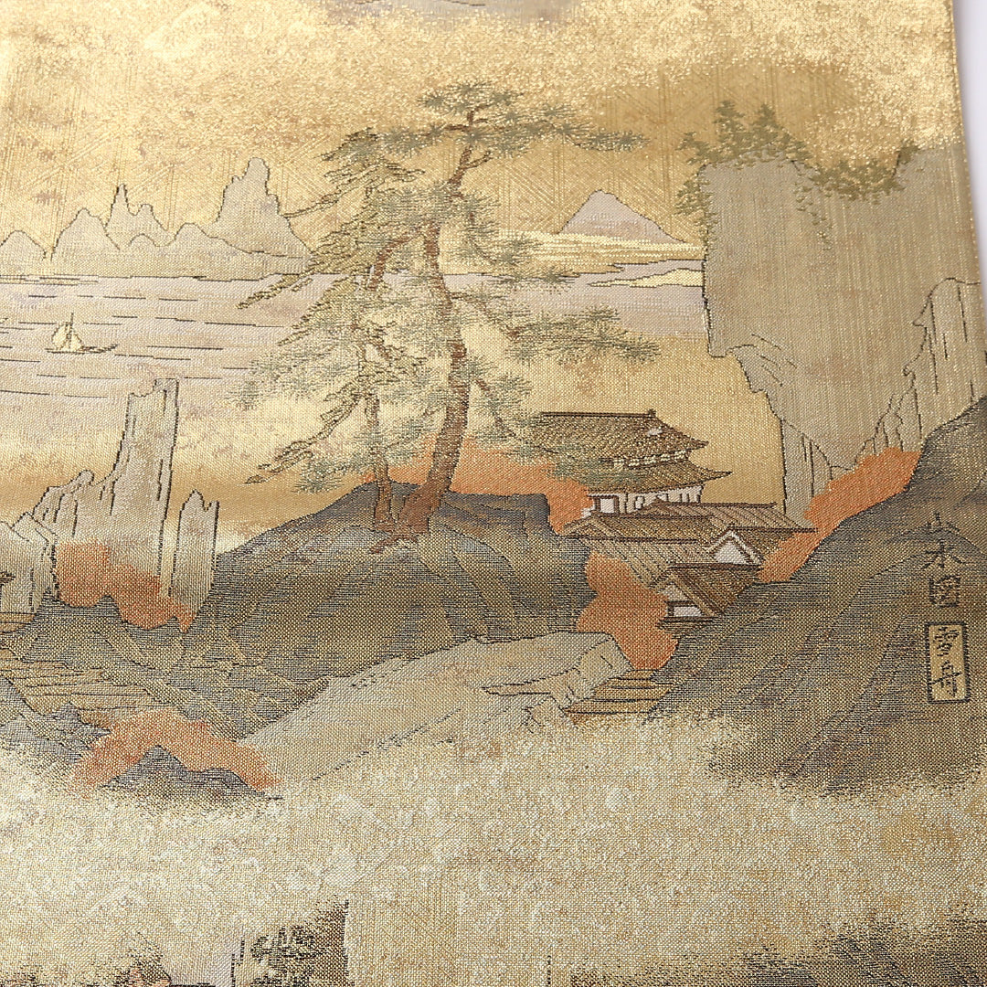 袋帯 帯丈430cm 正絹 全通 雪舟 セミフォーマル 綴れ織 四季山野 浮世絵 金系 1243-01623