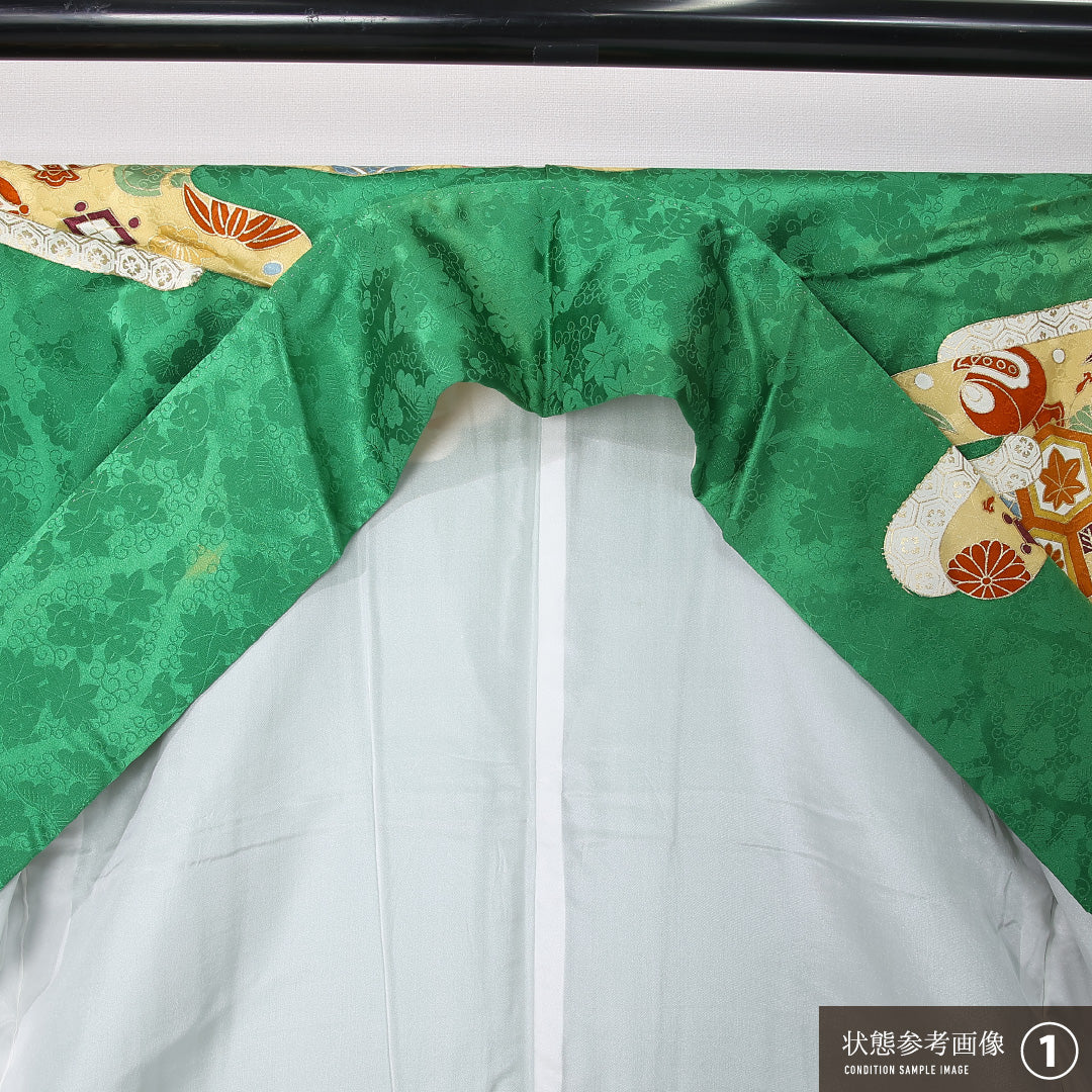 振袖 身丈170cm 裄丈67.5cm Aランク 正絹 袷 広衿 2XL エ霞 宝尽くし フォーマル 古典的 華やか 緑系 1213-F0492