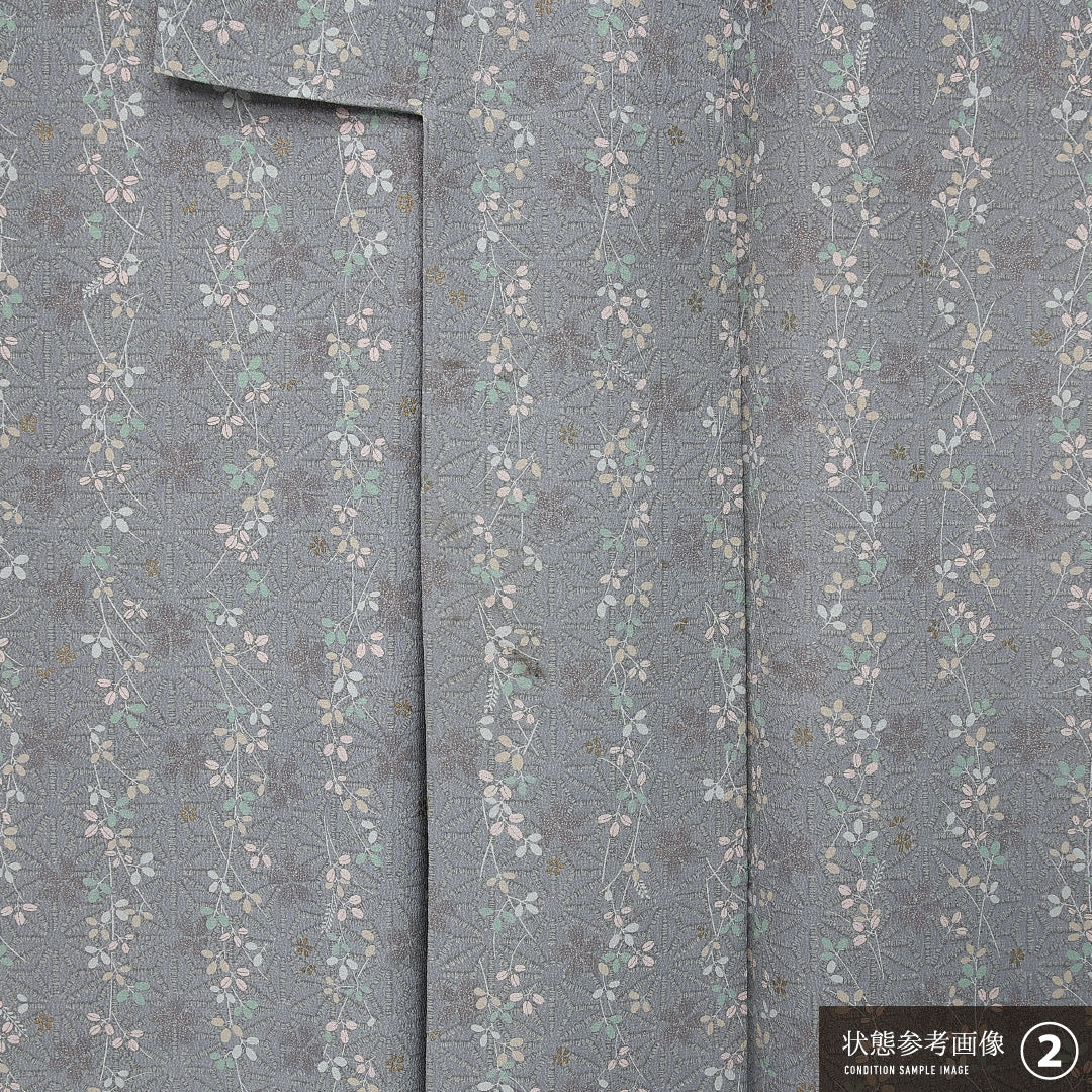 洗える着物 小紋 袷 身丈164cm 裄丈67cm ポリエステル Aランク インフォーマル 広衿 Lサイズ 麻の葉 桜 萩 グレー系 HP 1221-11936