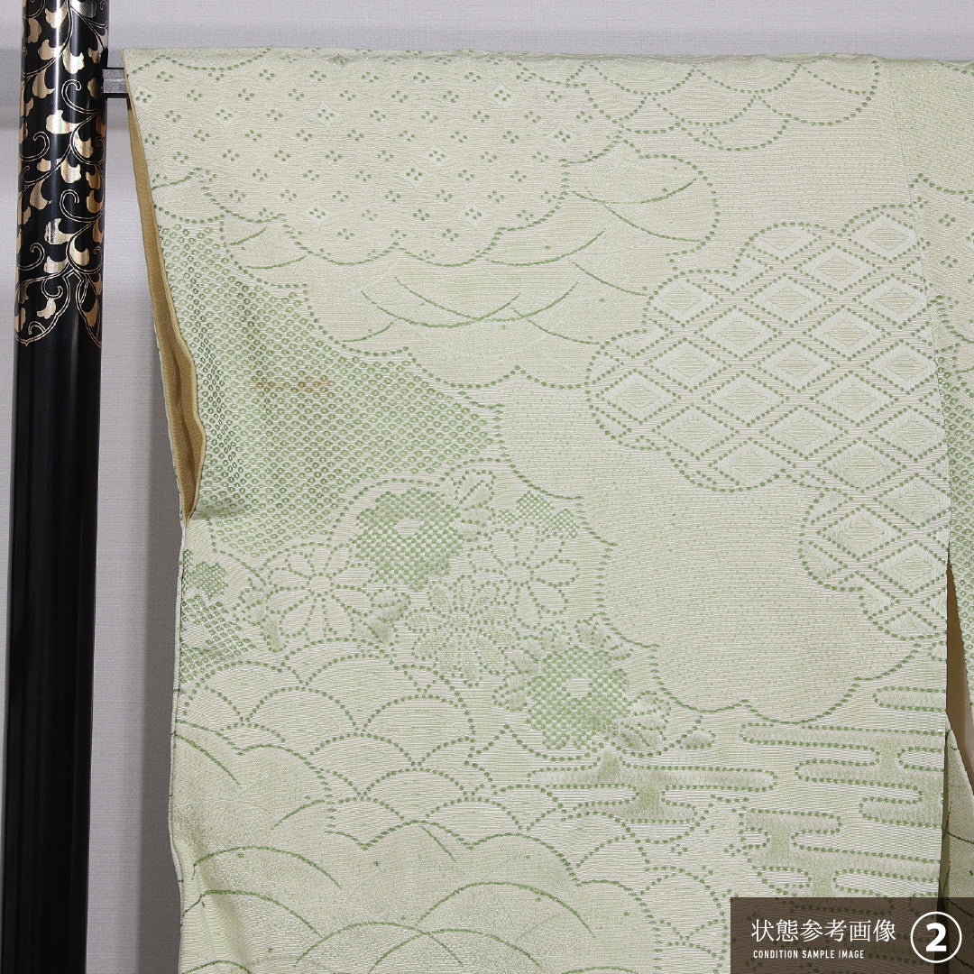 小紋 袷 身丈159cm 裄丈66cm 正絹 Bランク 一つ紋 (木瓜) セミフォーマル 広衿 Mサイズ 雲取り 菱 菊 芝草 緑系 RP 1221-11873