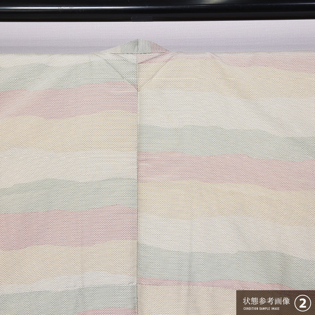 紬 袷 身丈152cm 裄丈62cm 正絹 Aランク カジュアル 広衿 Sサイズ 染め紬 十字亀甲 クリーム系 RP 1223-11289