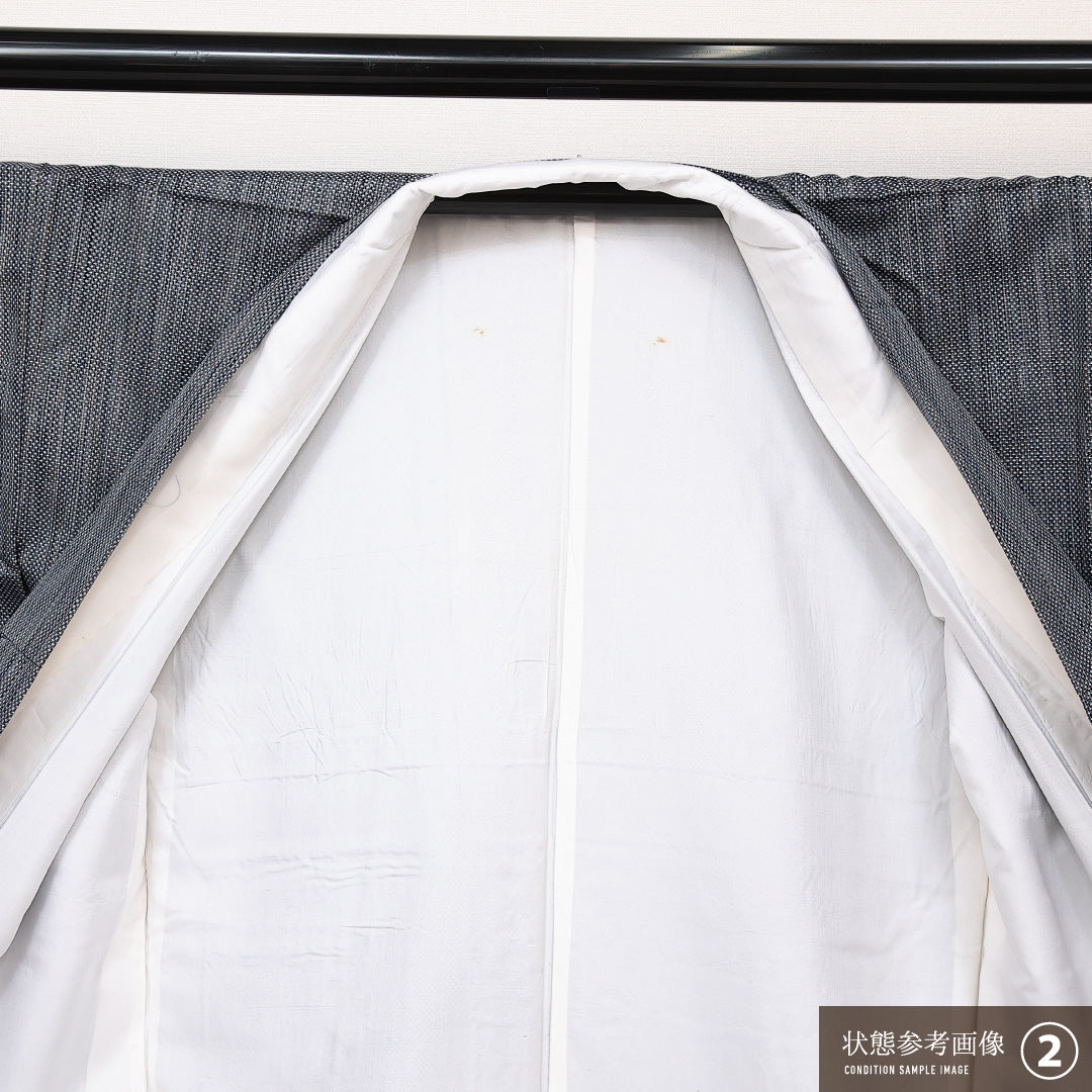 紬 袷 身丈159cm 裄丈64cm 正絹 Aランク カジュアル 広衿 Mサイズ 経緯絣 縞 グレー系 HP 1223-14030