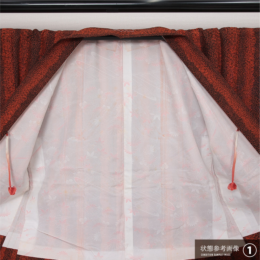 羽織 袷 身丈78cm 裄丈64cm 正絹 Aランク カジュアル Mサイズ 紐あり 創作柄 朱系 HP 1232-13852
