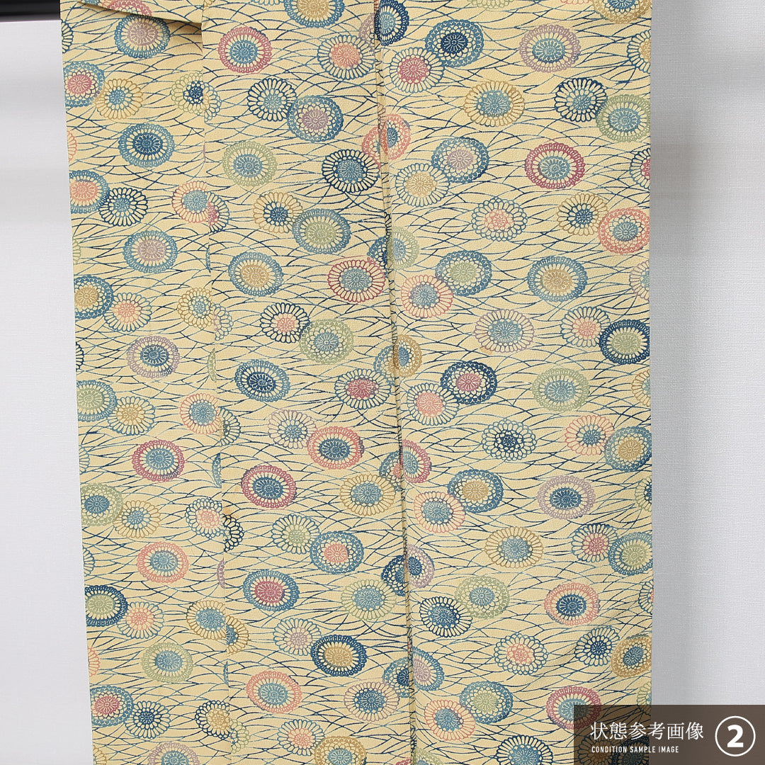 小紋 袷 身丈148cm 裄丈60cm 正絹 Bランク インフォーマル 広衿 XSサイズ 芝草 菊 黄系 HP 1221-11965