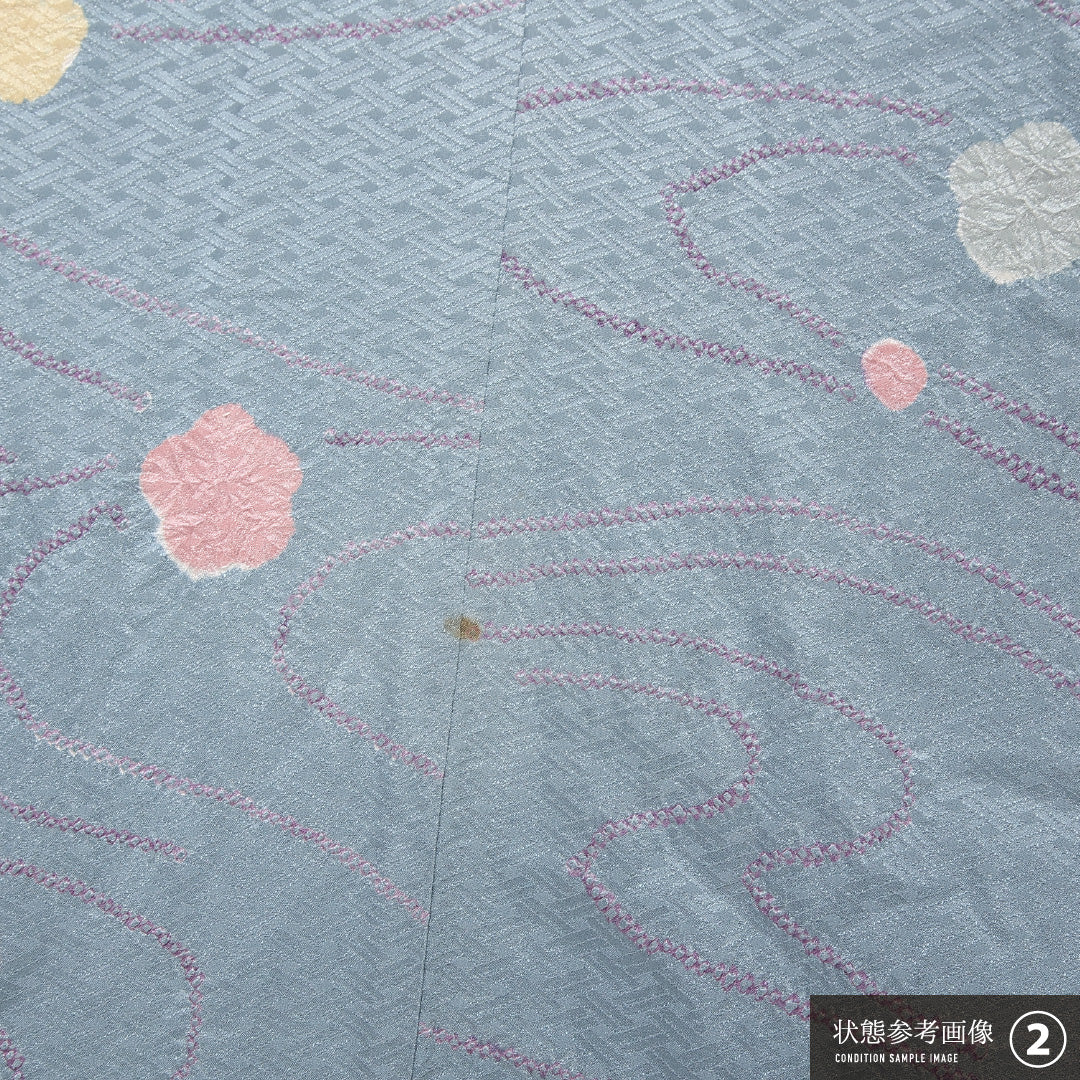 小紋 袷 身丈146cm 裄丈62cm 正絹 Bランク インフォーマル 広衿 XSサイズ 刺繍 流水 桜 桜 水色系 RP 1221-13115