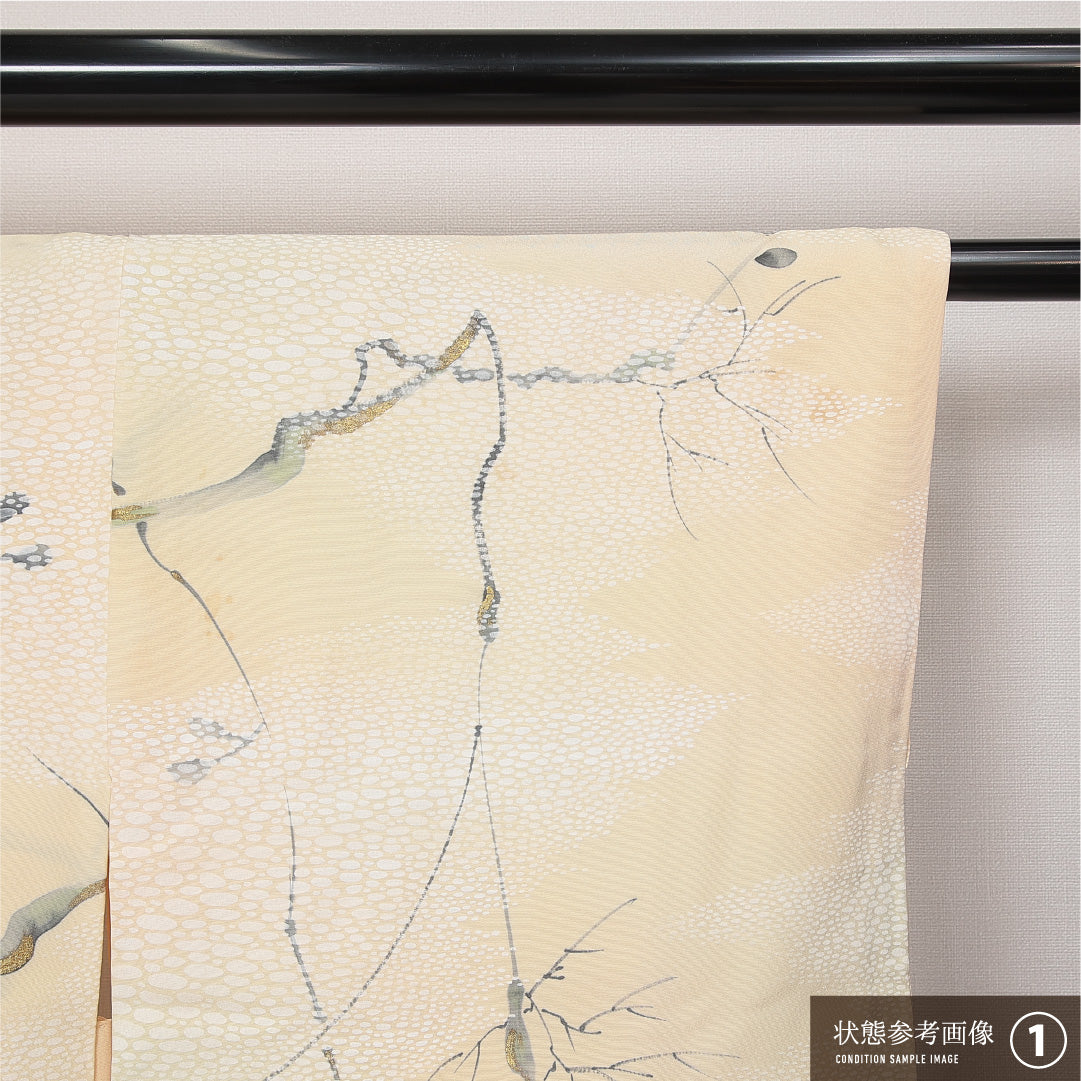 羽織 袷 身丈81cm 裄丈64cm 正絹 Bランク カジュアル Mサイズ 金彩 植物柄 クリーム系 HP 1232-13942