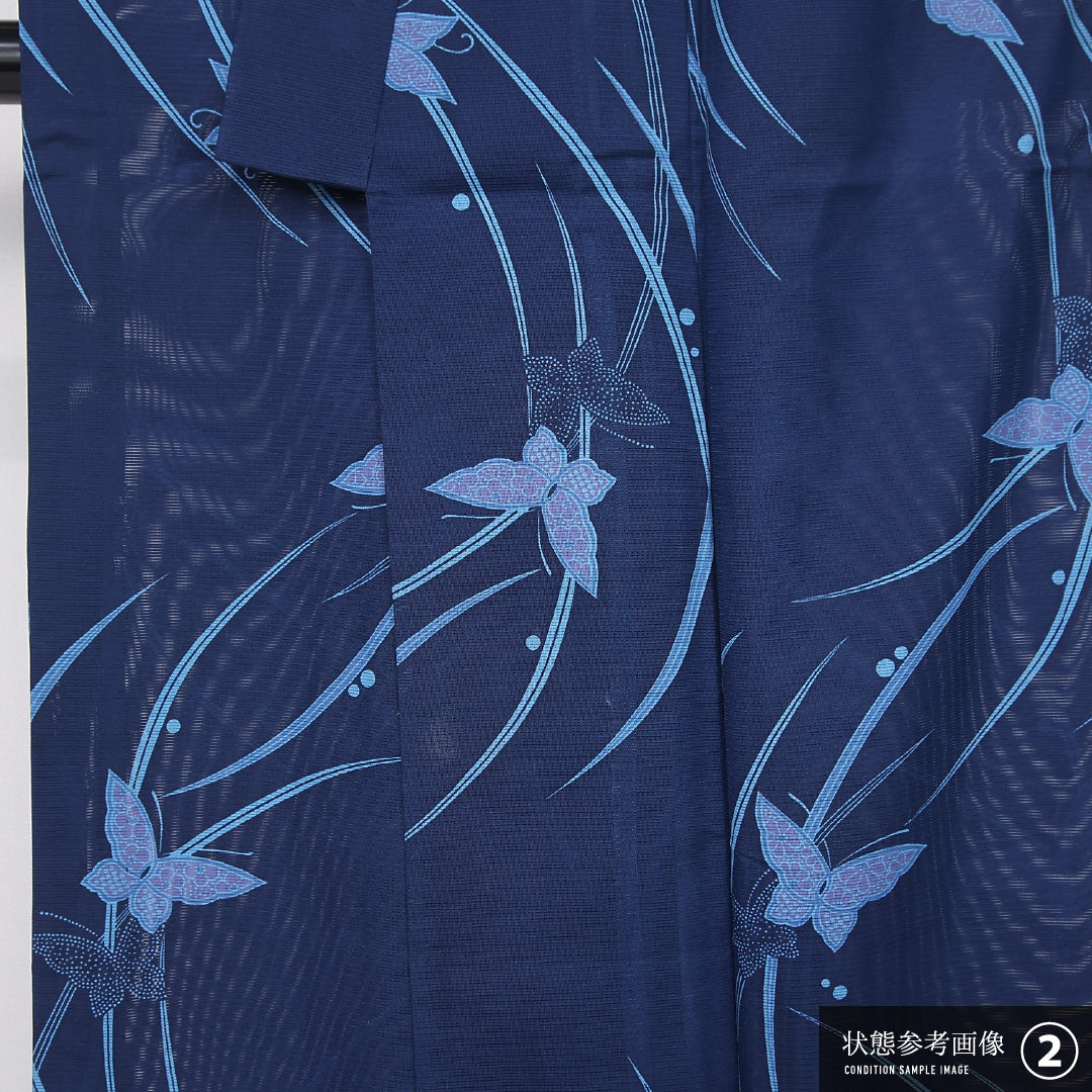 小紋 身丈159cm 裄丈66cm Bランク M 正絹 絽 バチ衿 露芝草 蝶 カジュアル 青系 1215-12160