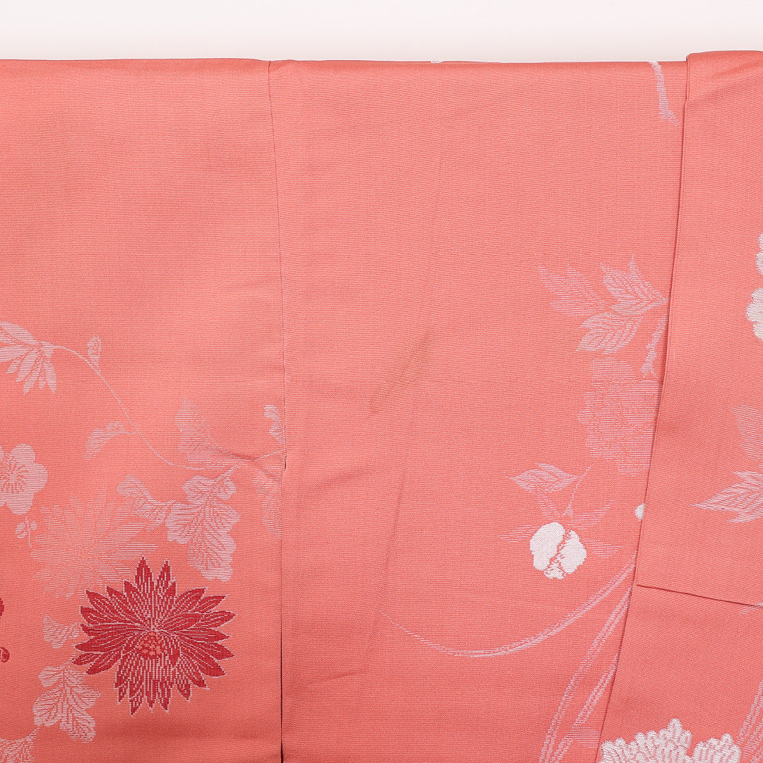 アンティーク 袷 身丈152cm 裄62cm 正絹 お召 梅 菊 ピンク系 Cランク 1216-01350